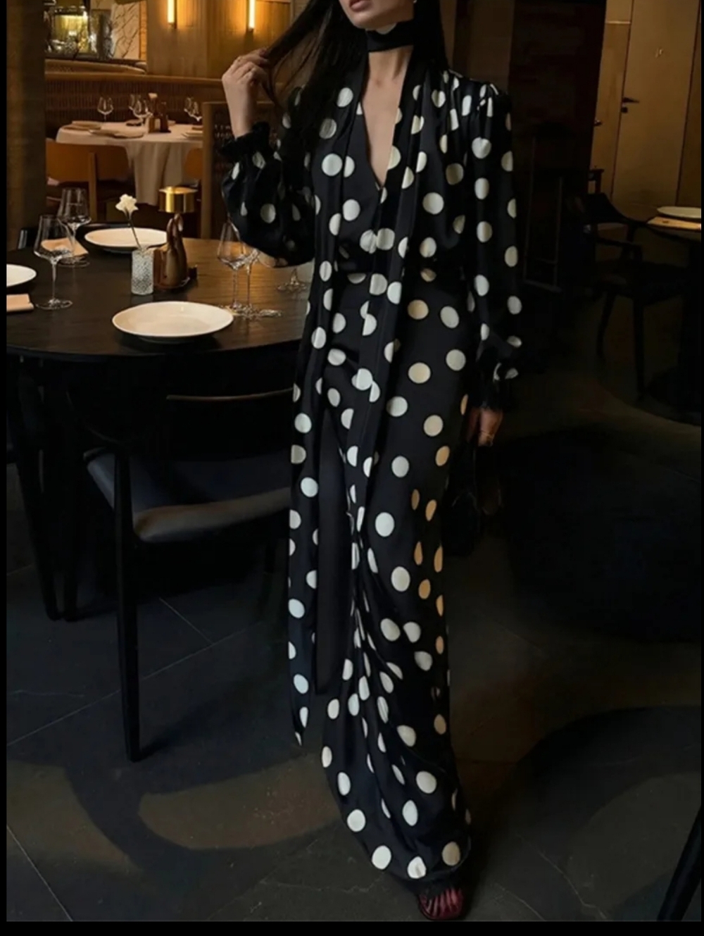 Polka Dot Dress Print Hanging Neck V-neck Bubble Sleeve Cinched Waist Fish Tai - Picture 4 of 12